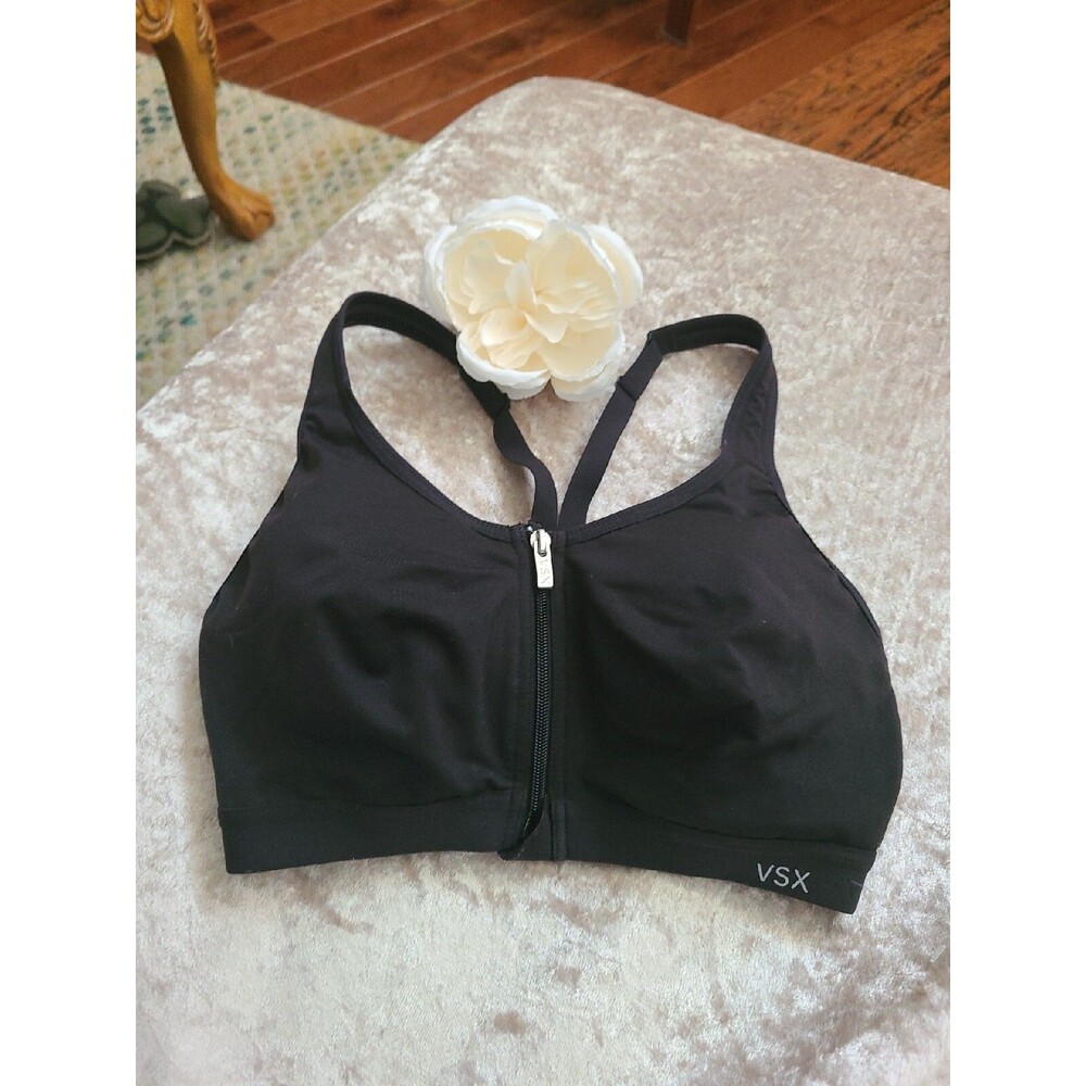 Victorias Secret VSX Sports Bra 32C Black Zip Front Athletic Comfort